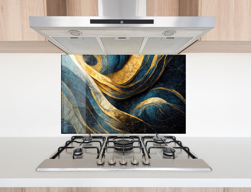 Navy & Gold Swirl - Glass Kitchen Backsplash-BacksplashArtworks
