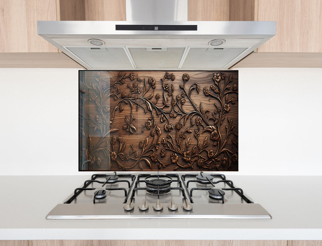 Rustic Elegance: Engraved Floral - Glass Kitchen Backsplash-BacksplashArtworks