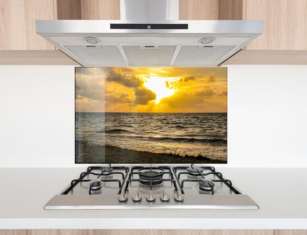 Golden Ocean Sunset Wall Art – Tempered Glass Kitchen Backsplash-BacksplashArtworks