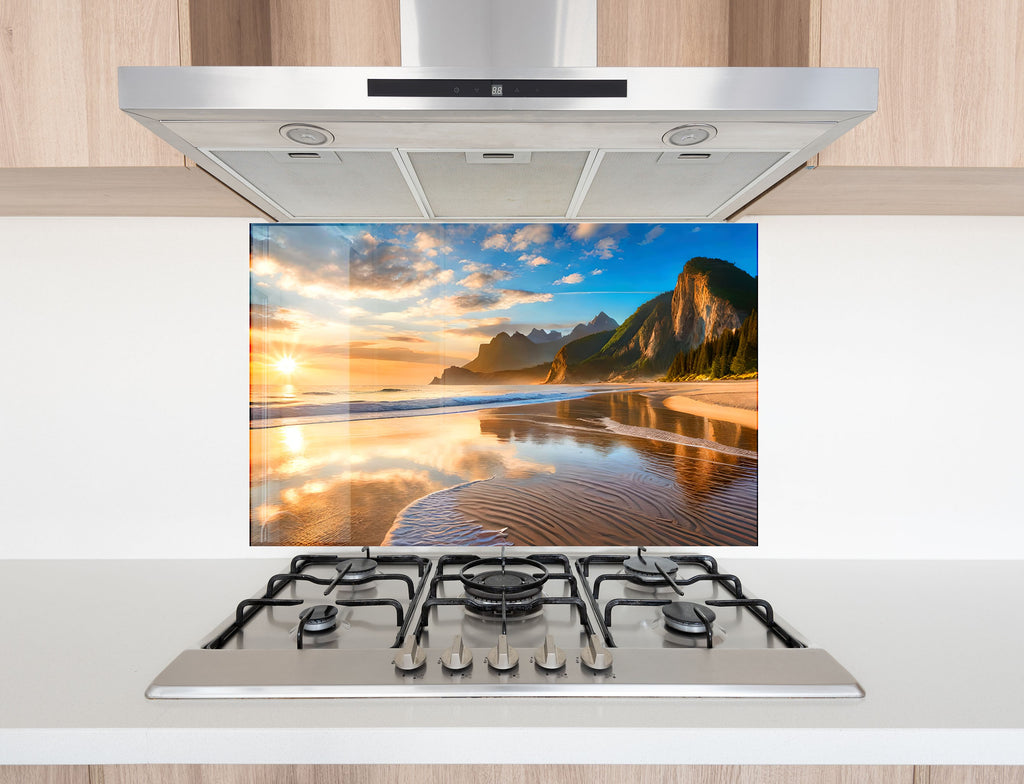 Majestic Mountain Beach Sunset Wall Art – Tempered Glass Kitchen Backsplash-BacksplashArtworks