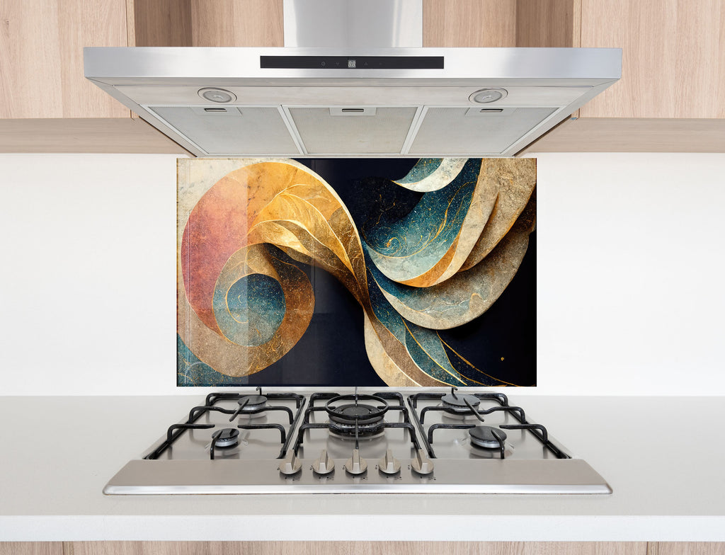 Abstract Gold & Blue - Glass Kitchen Backsplash-BacksplashArtworks