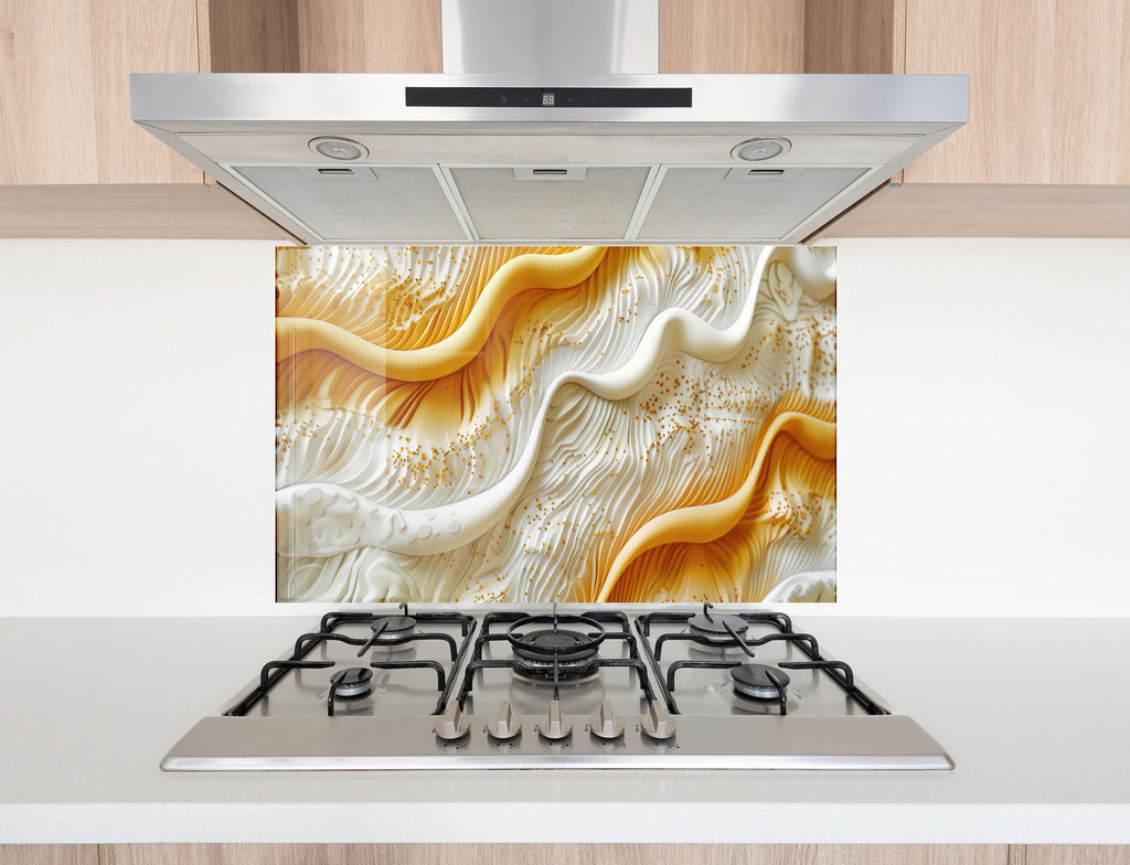 Golden & White Waves – Glass Kitchen Backsplash-BacksplashArtworks