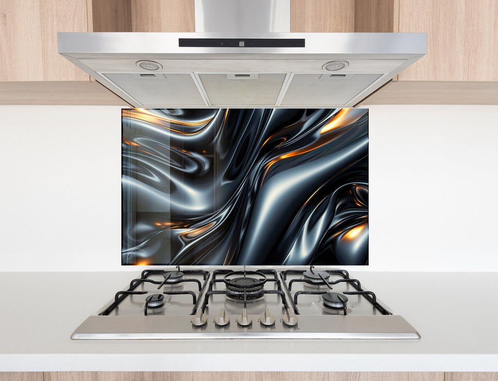 Sleek Metallic Flow - Glass Kitchen Backsplash-BacksplashArtworks