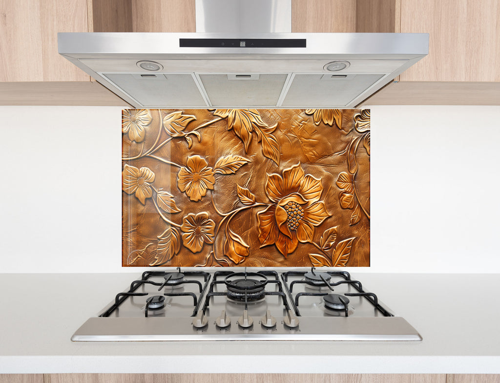 Golden Blossom Elegance - Embossed Glass Kitchen Backsplash-BacksplashArtworks