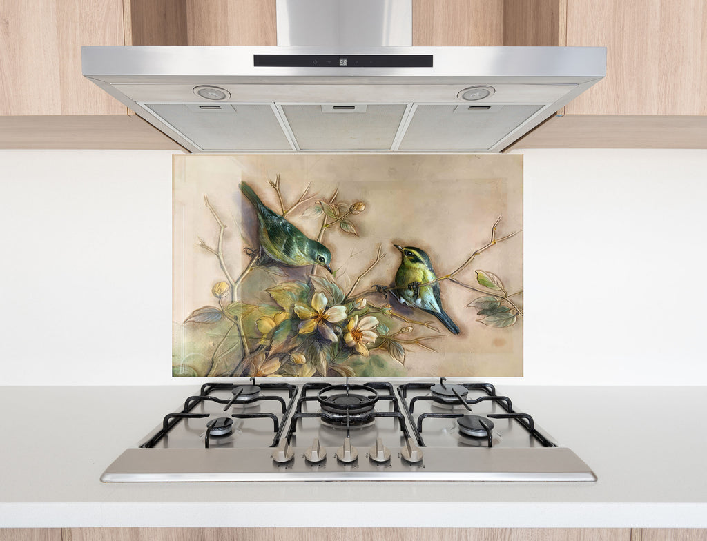 Vintage Birds & Blossoms – Glass Kitchen Backsplash-BacksplashArtworks