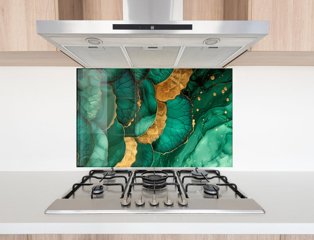 Emerald Gold Elegance - Glass Kitchen Backsplash-BacksplashArtworks