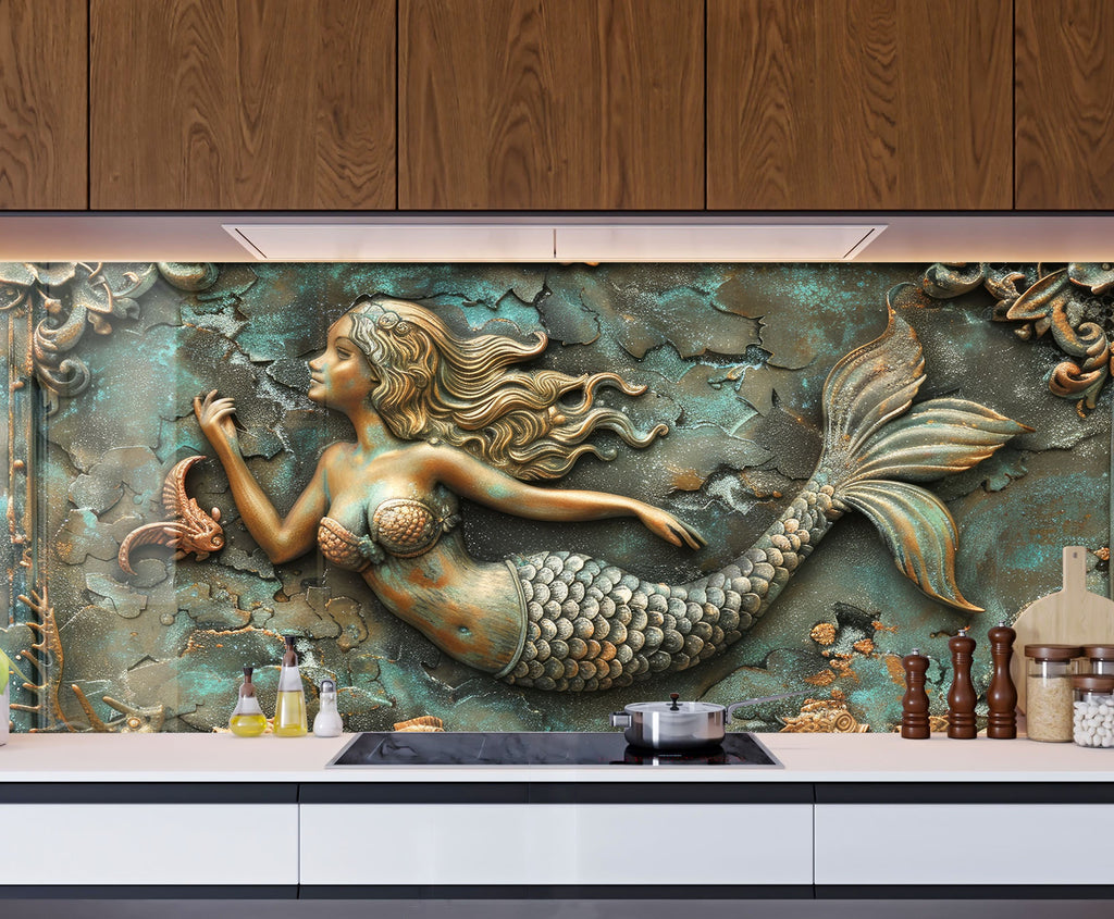 Antique Mermaid - Glass Kitchen Backsplash-BacksplashArtworks