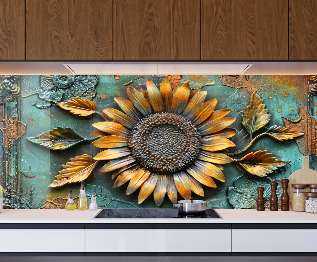 Vintage Sunflower Majesty - Glass Kitchen Backsplash-BacksplashArtworks