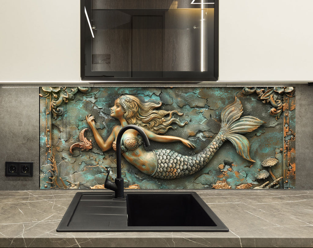 Antique Mermaid - Glass Kitchen Backsplash-BacksplashArtworks