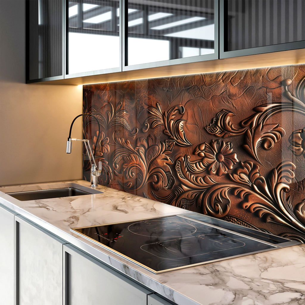 Antique Embossed Floral - Glass Kitchen Backsplash-BacksplashArtworks