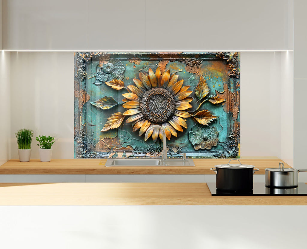 Vintage Sunflower Majesty - Glass Kitchen Backsplash-BacksplashArtworks