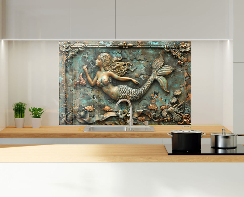 Antique Mermaid - Glass Kitchen Backsplash-BacksplashArtworks