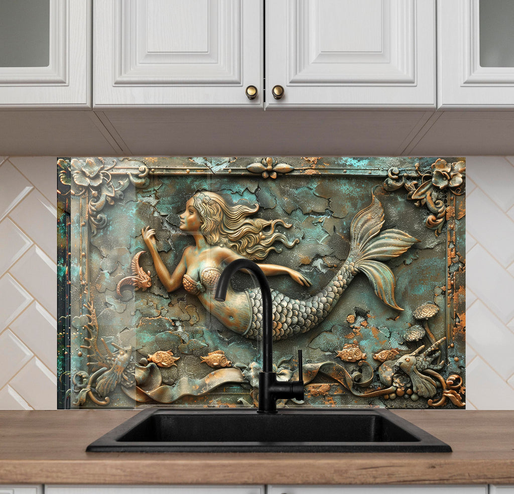 Antique Mermaid - Glass Kitchen Backsplash-BacksplashArtworks