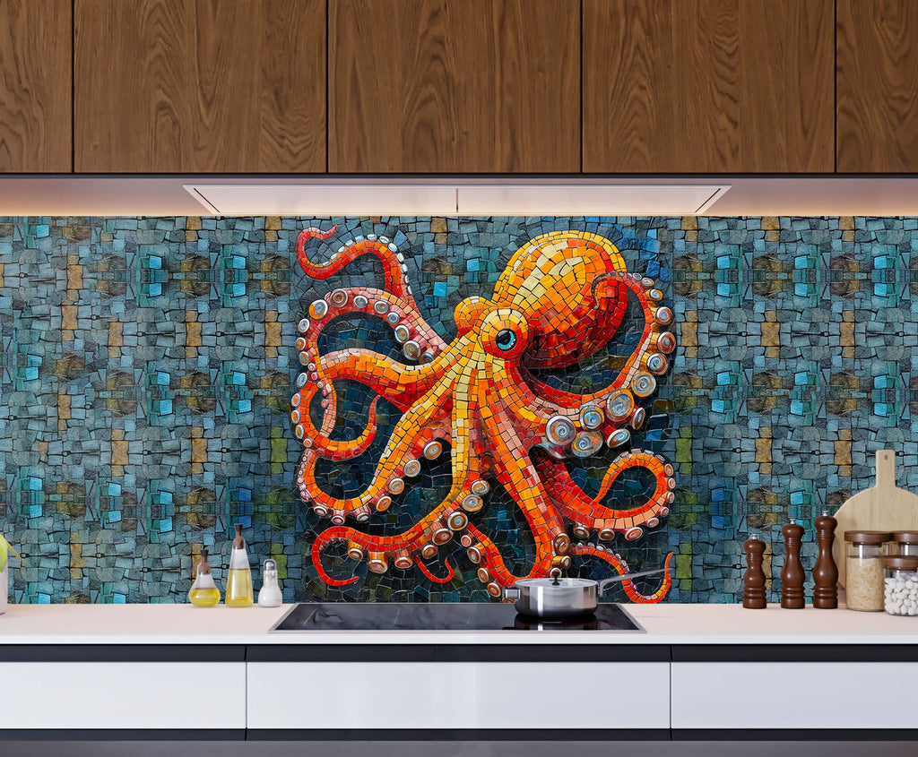Mosaic Glass Kitchen Backsplash with Colorful Octopus Design-BacksplashArtworks