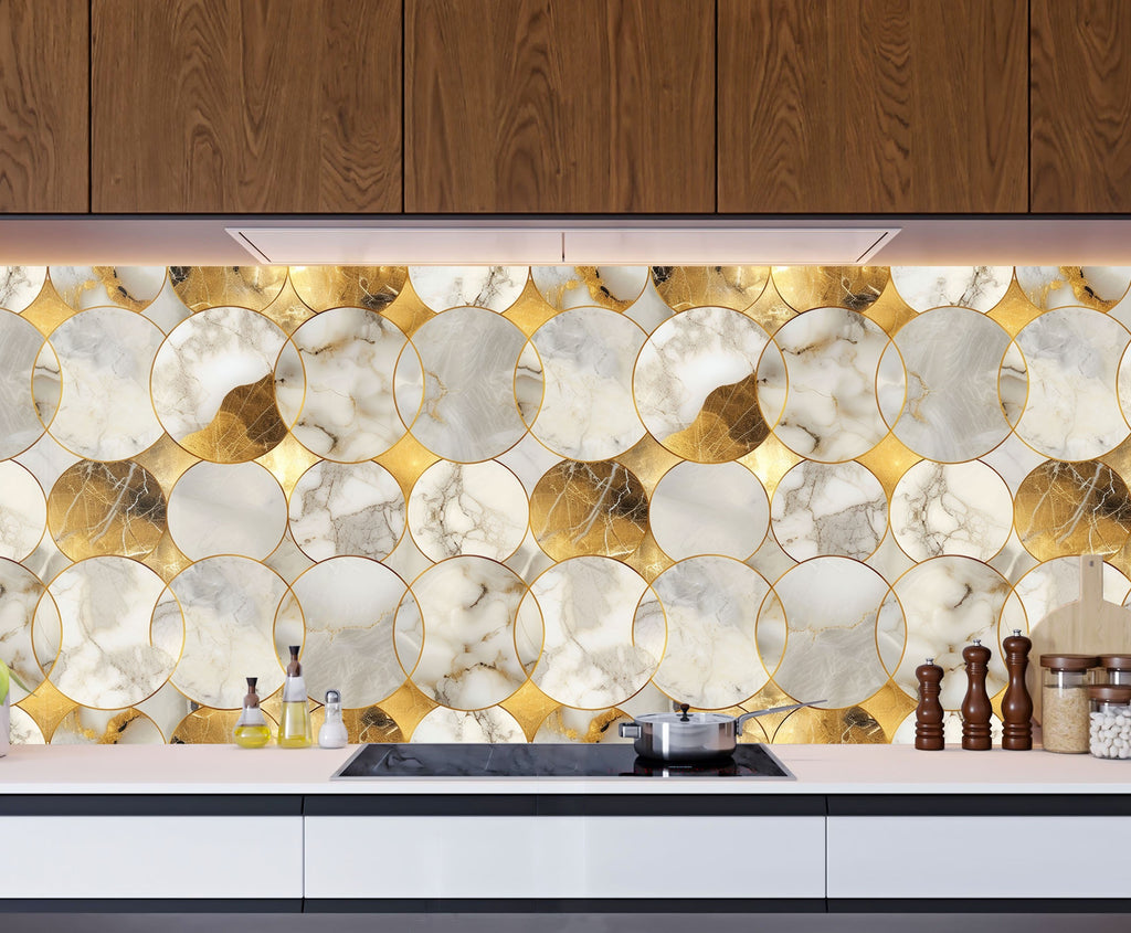 Gold Geometric Marble - Glass Kitchen Backsplash-BacksplashArtworks