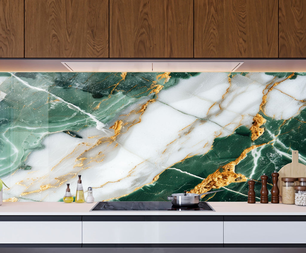 Green & White Gold Vein Marble - Glass Kitchen Backsplash-BacksplashArtworks