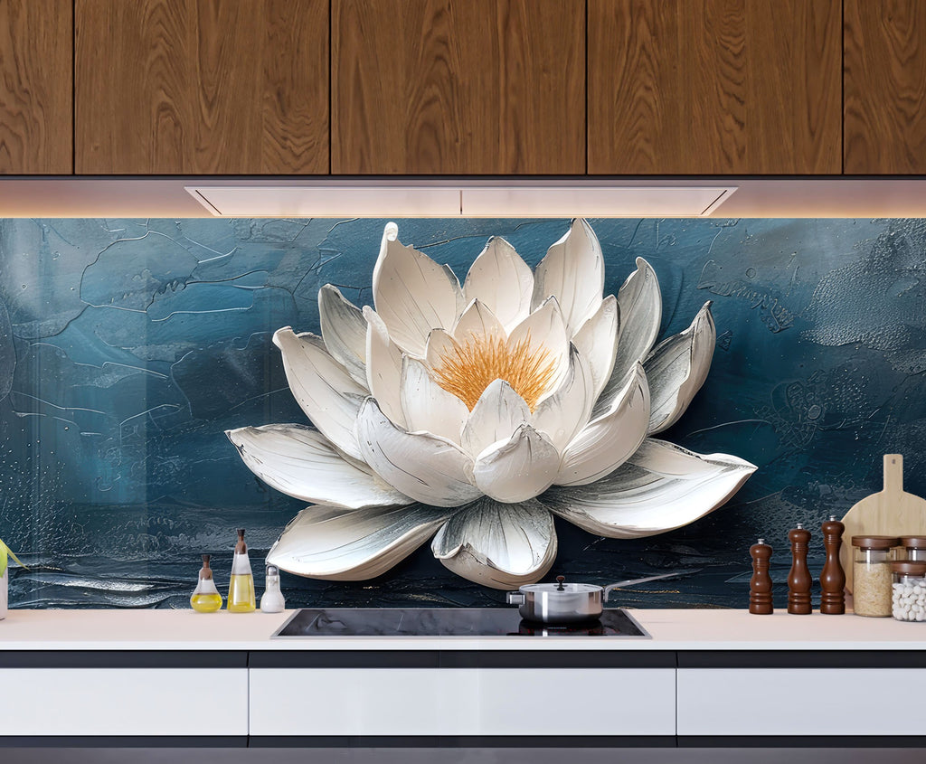 Serene Lotus Blossom - Glass Kitchen Backsplash-BacksplashArtworks
