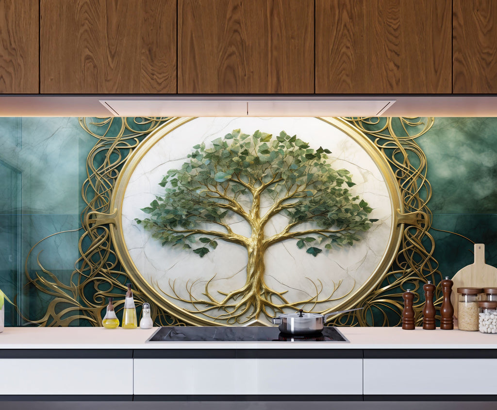 Green & White Life of Tree - Glass Kitchen Backsplash-BacksplashArtworks