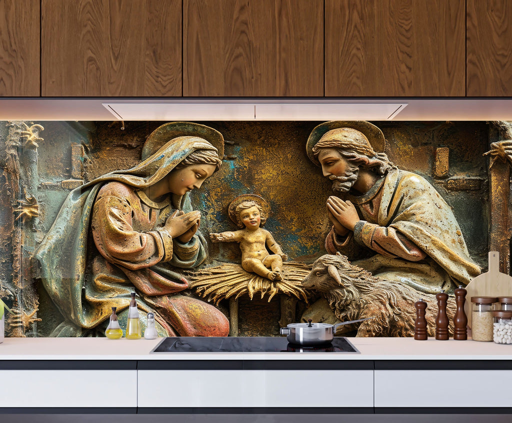 Holy Nativity Scene - Glass Kitchen Backsplash-BacksplashArtworks