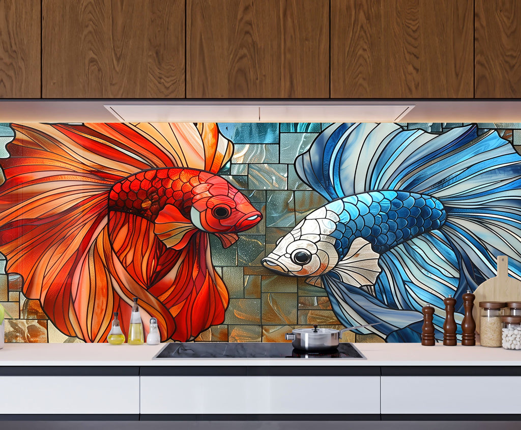Mosaic Glass Kitchen Backsplash with Vibrant Fish Design-BacksplashArtworks