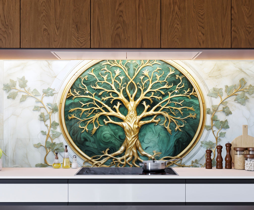 Golden & Green Tree of Life - Glass Kitchen Backsplash-BacksplashArtworks
