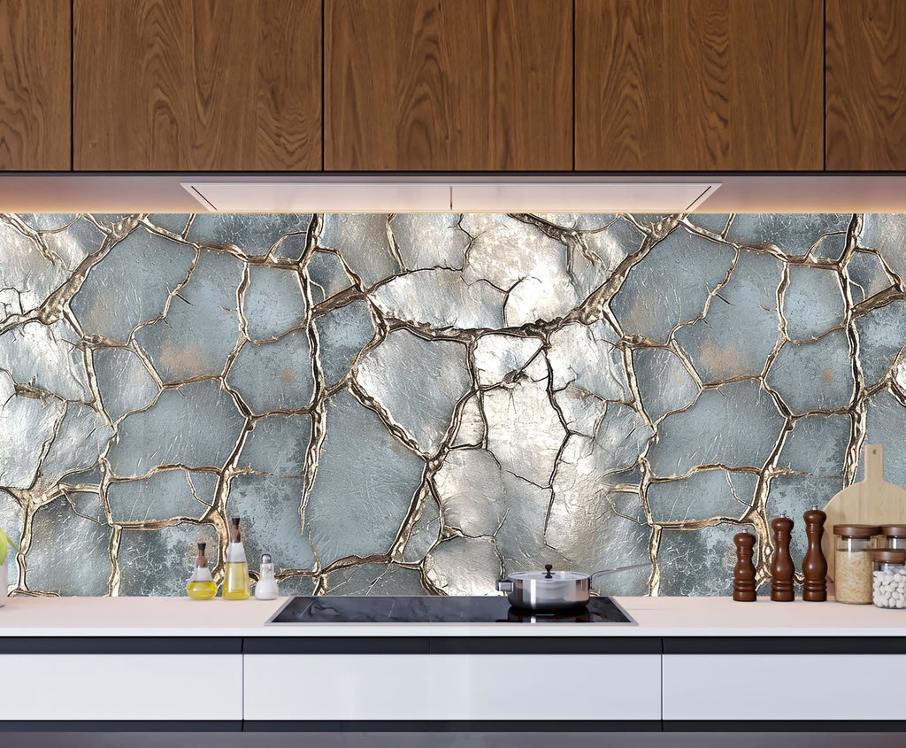Cracked Silver Marble - Glass Kitchen Backsplash-BacksplashArtworks