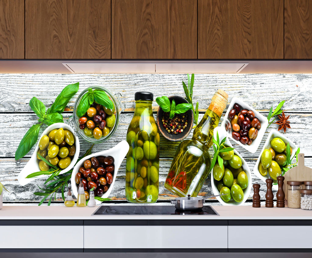 Olive-Themed Glass Kitchen Backsplash – Fresh and Flavorful Design-BacksplashArtworks