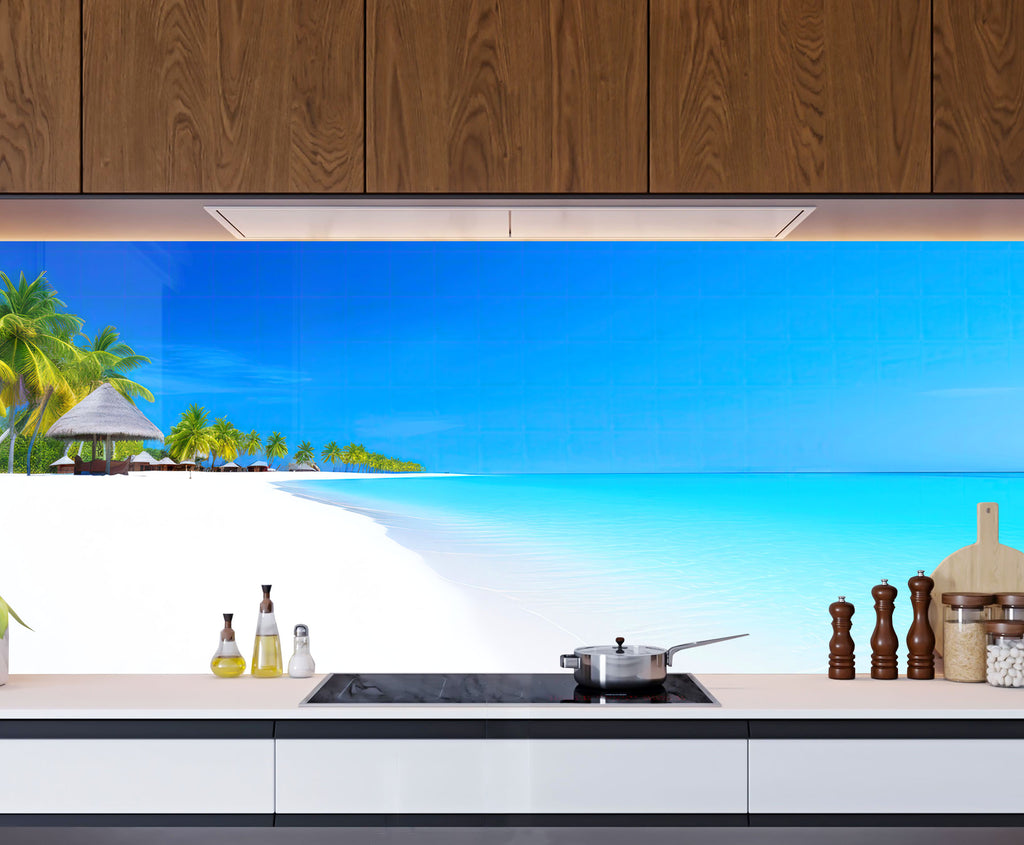 Tropical White Sand Beach Wall Art – Tempered Glass Bathroom Backsplash-BacksplashArtworks