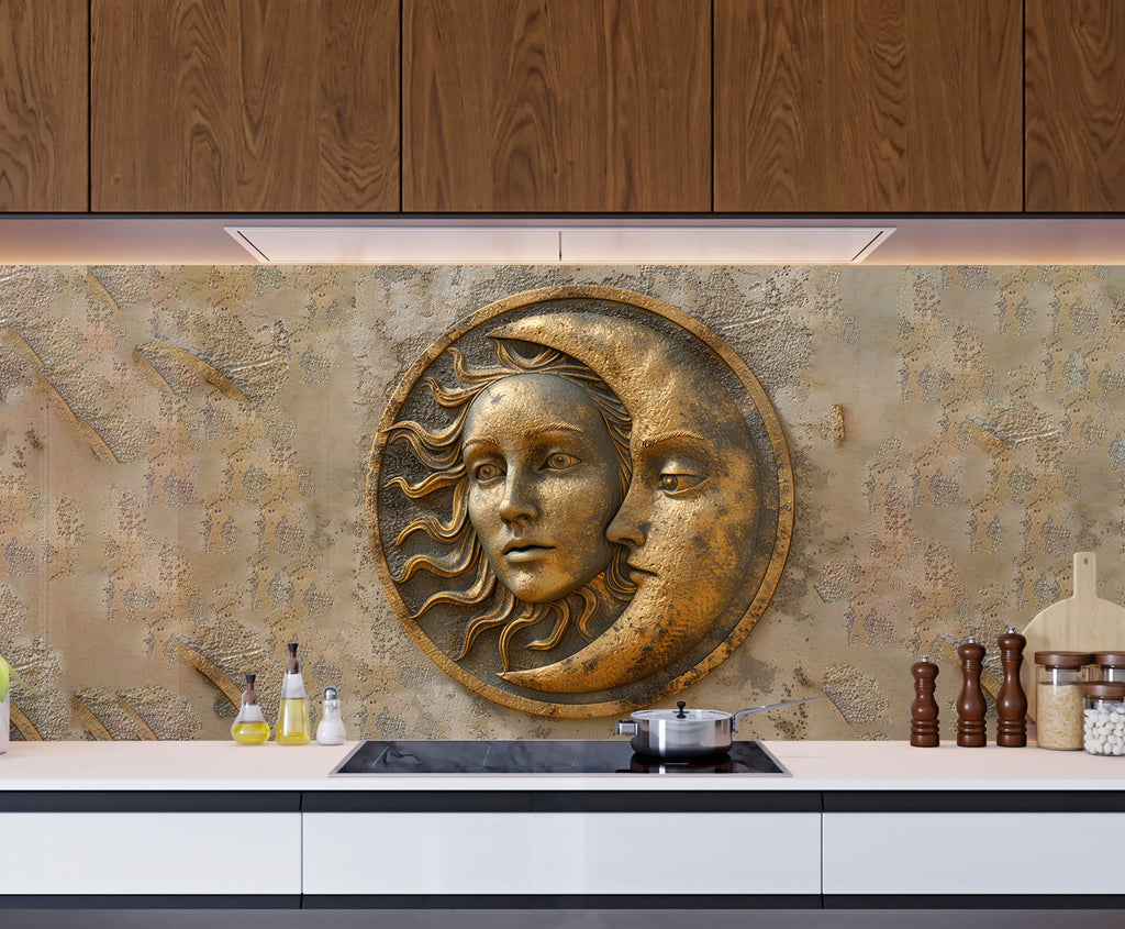 Moon & Sun Face Glass Kitchen Backsplash – Celestial Art Design-BacksplashArtworks