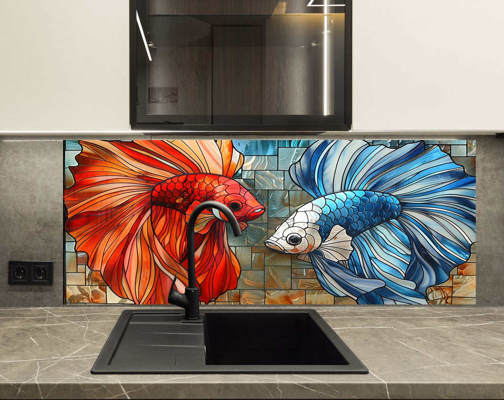 Mosaic Glass Kitchen Backsplash with Vibrant Fish Design-BacksplashArtworks