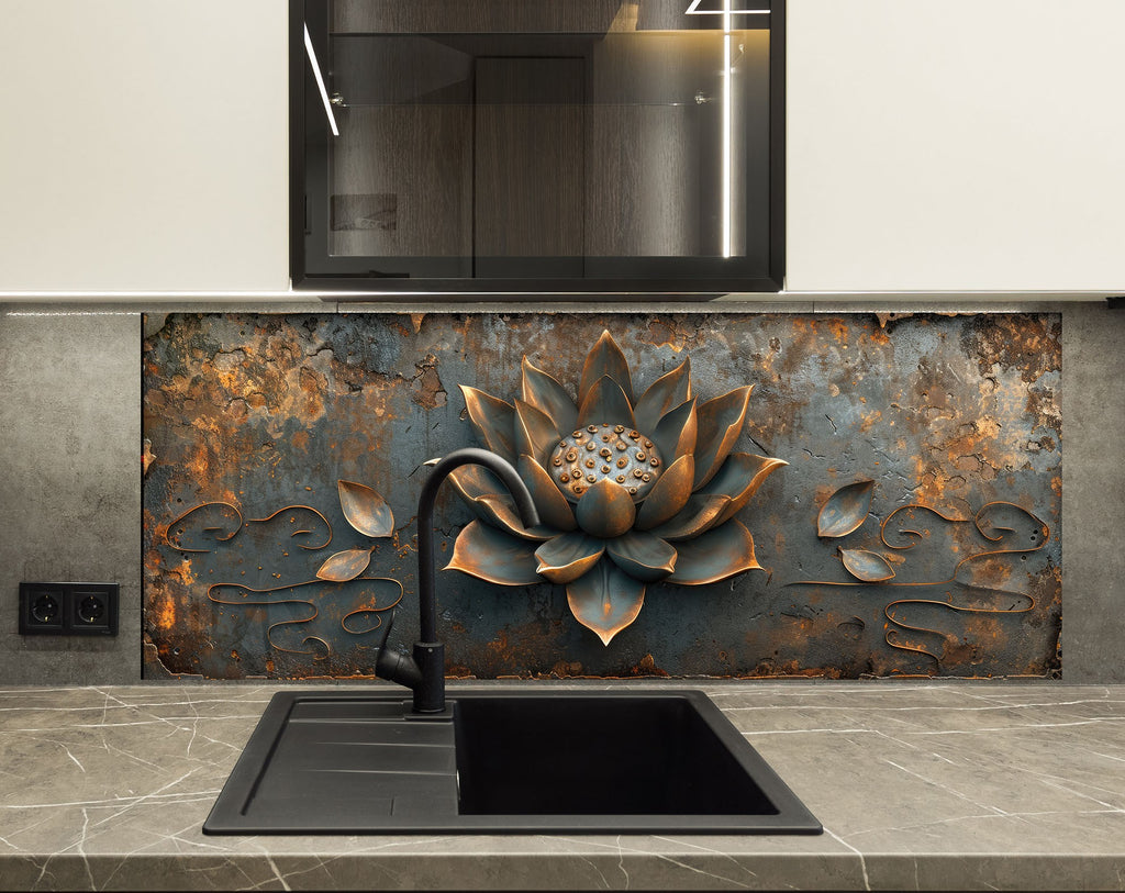 Rustic Lotus Blossom - Glass Kitchen Backsplash-BacksplashArtworks