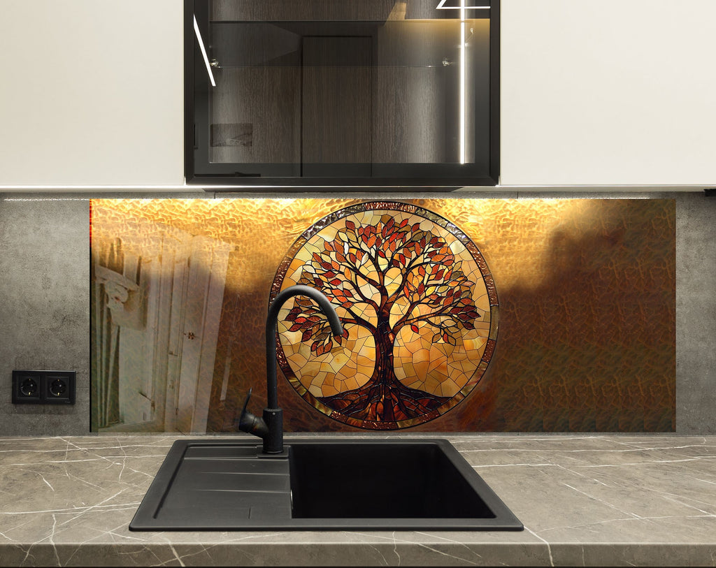 Amber Tree of Life - Glass Kitchen Backsplash-BacksplashArtworks