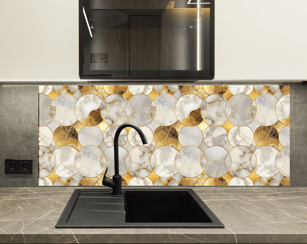 Gold Geometric Marble - Glass Kitchen Backsplash-BacksplashArtworks