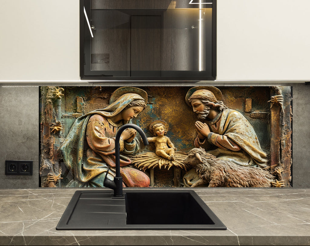 Holy Nativity Scene - Glass Kitchen Backsplash-BacksplashArtworks