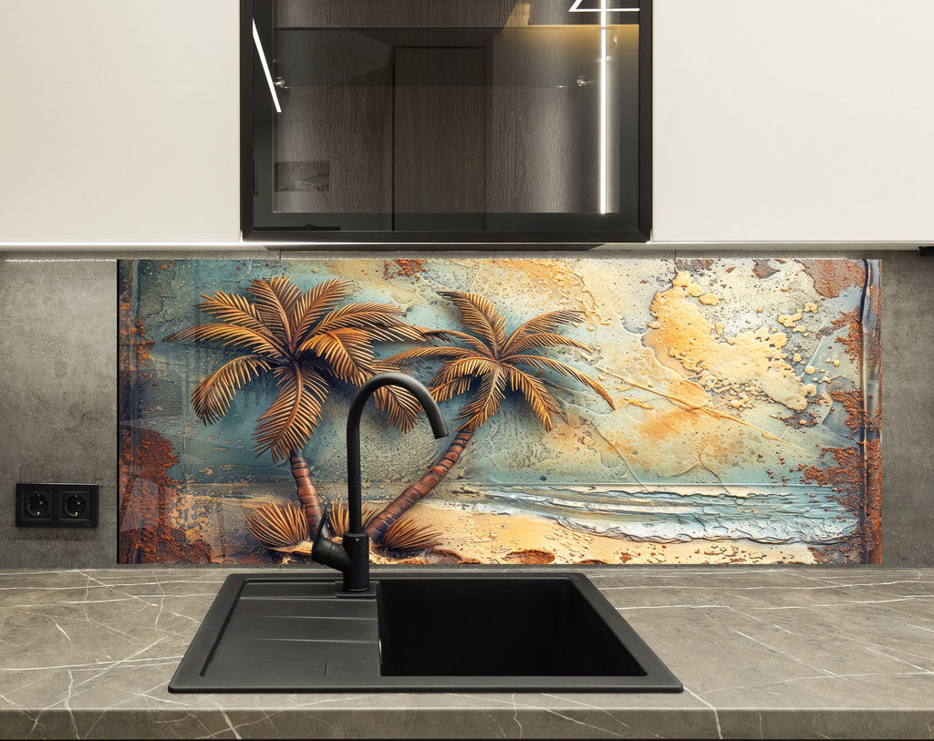 Rustic Tropical Palm Beach Wall Art – Tempered Glass Kitchen Backsplash-BacksplashArtworks