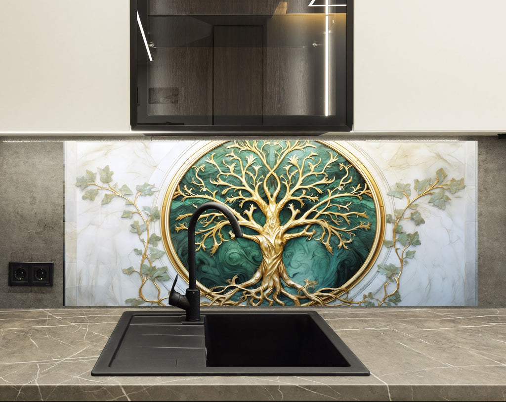 Golden & Green Tree of Life - Glass Kitchen Backsplash-BacksplashArtworks