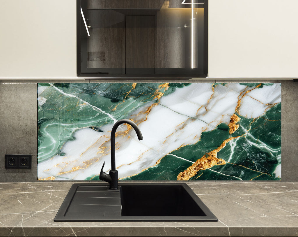 Green & White Gold Vein Marble - Glass Kitchen Backsplash-BacksplashArtworks