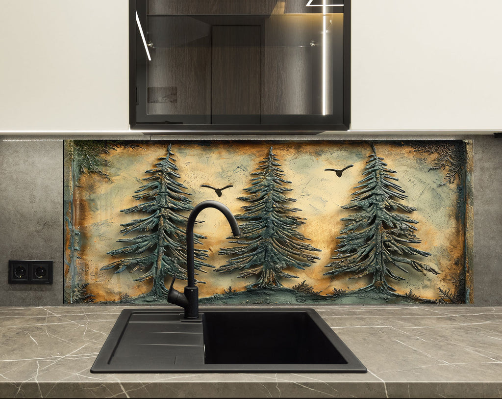 Rustic Forest Trees Wall Art - Tempered Glass Kitchen Backsplash-BacksplashArtworks