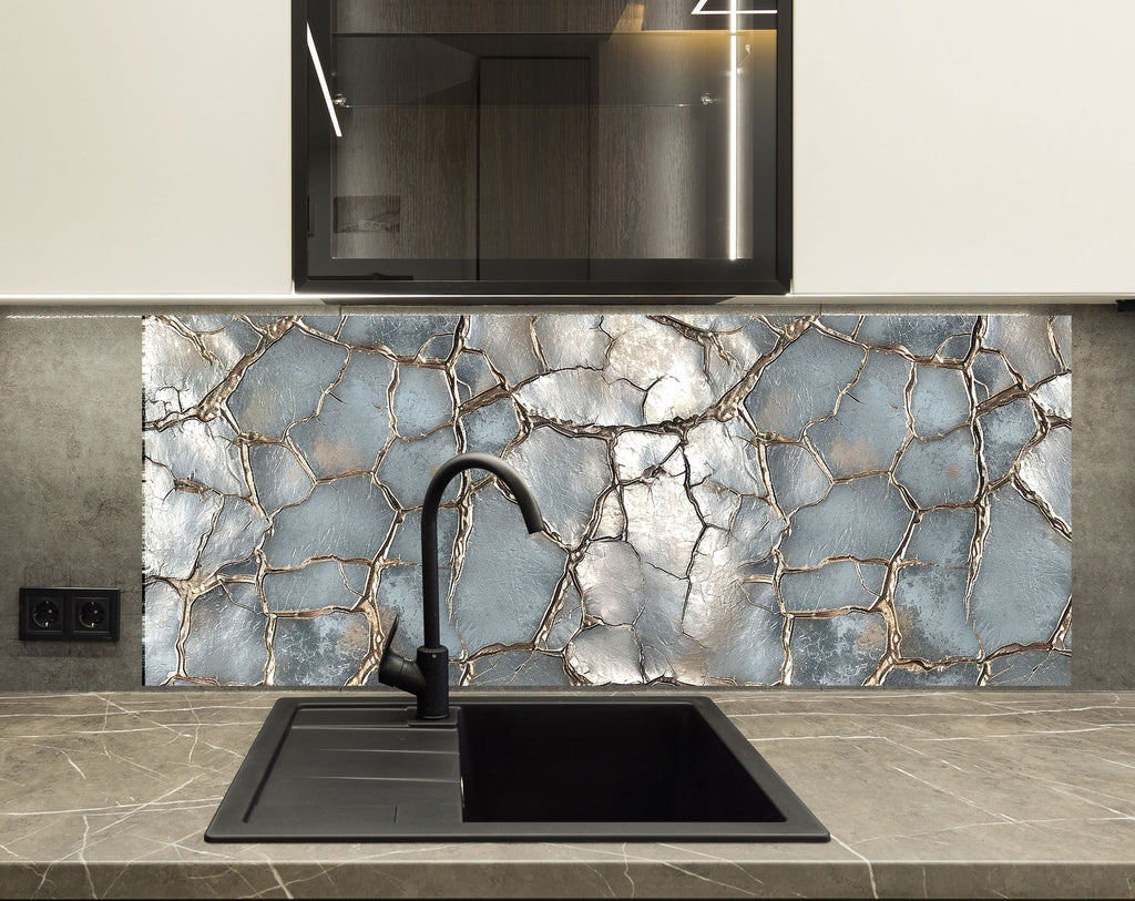 Cracked Silver Marble - Glass Kitchen Backsplash-BacksplashArtworks