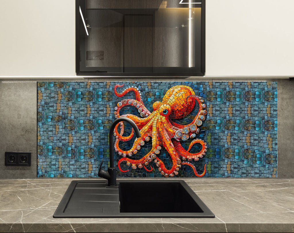 Mosaic Glass Kitchen Backsplash with Colorful Octopus Design-BacksplashArtworks