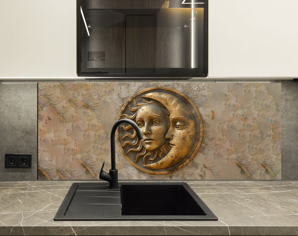 Moon & Sun Face Glass Kitchen Backsplash – Celestial Art Design-BacksplashArtworks