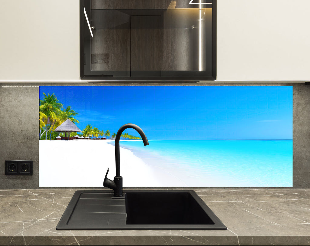 Tropical White Sand Beach Wall Art – Tempered Glass Bathroom Backsplash-BacksplashArtworks