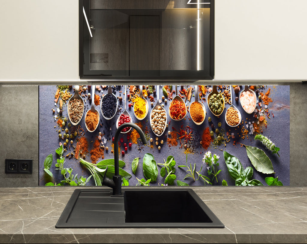 Herbal Spice Harmony - Glass Kitchen Backsplash-BacksplashArtworks