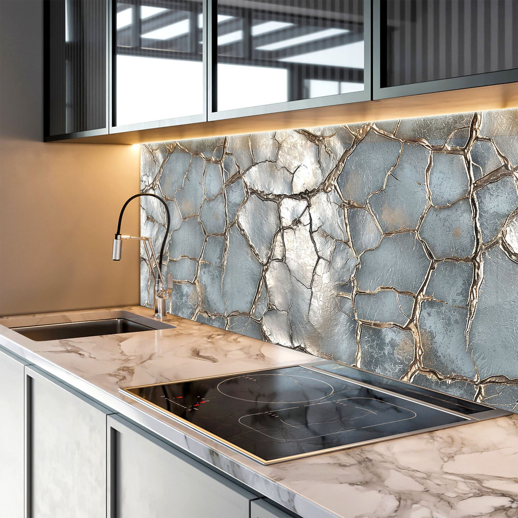 Cracked Silver Marble - Glass Kitchen Backsplash-BacksplashArtworks