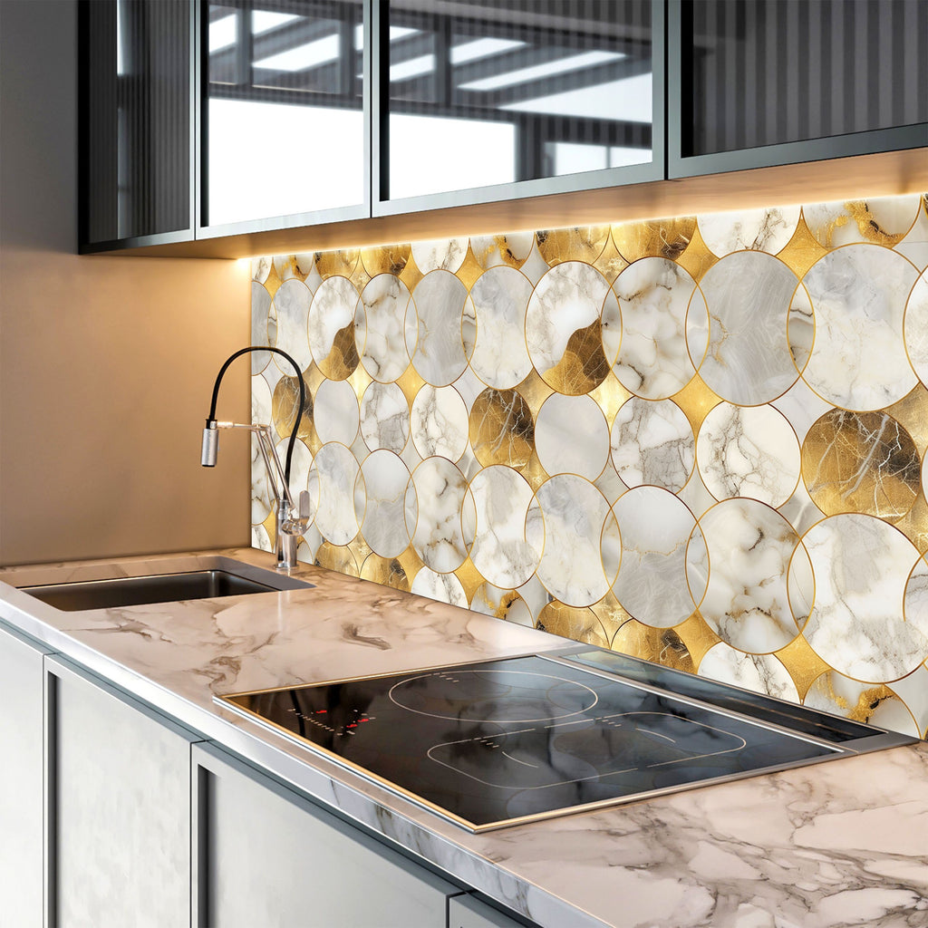 Gold Geometric Marble - Glass Kitchen Backsplash-BacksplashArtworks