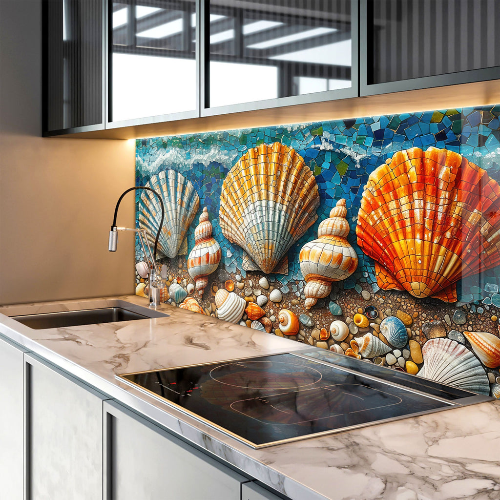 Mosaic Tempered Glass Kitchen Backsplash with Shell and Ocean Design-BacksplashArtworks