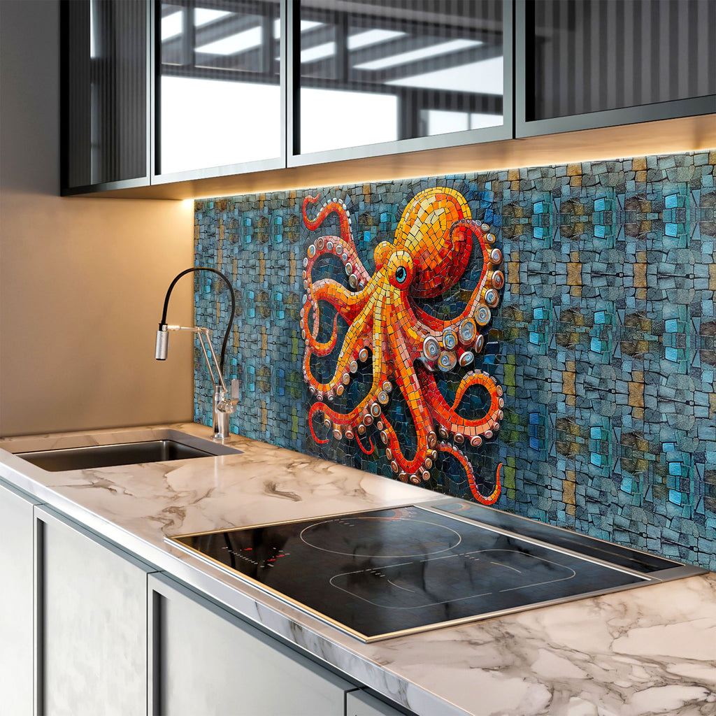 Mosaic Glass Kitchen Backsplash with Colorful Octopus Design-BacksplashArtworks
