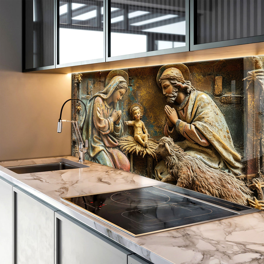 Holy Nativity Scene - Glass Kitchen Backsplash-BacksplashArtworks