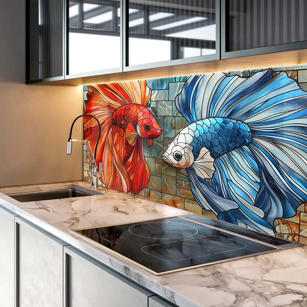 Mosaic Glass Kitchen Backsplash with Vibrant Fish Design-BacksplashArtworks