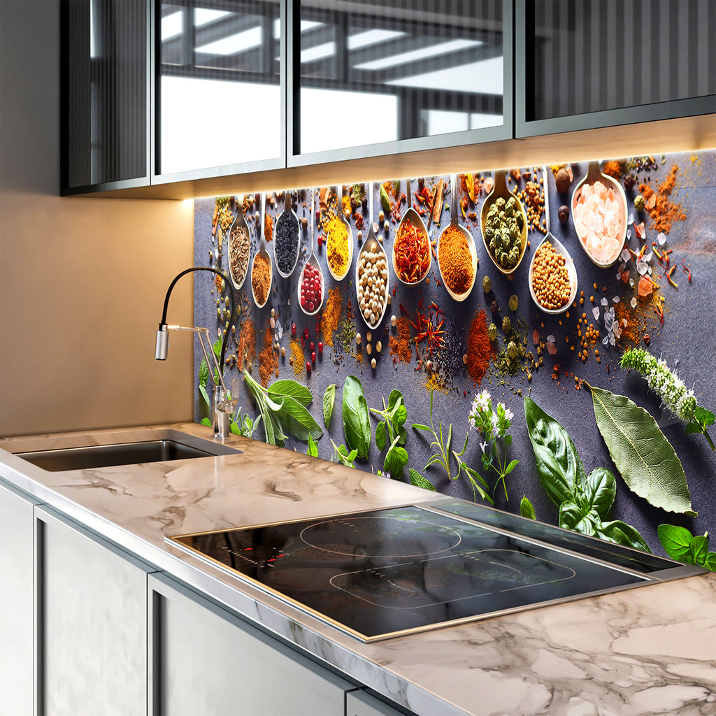 Herbal Spice Harmony - Glass Kitchen Backsplash-BacksplashArtworks